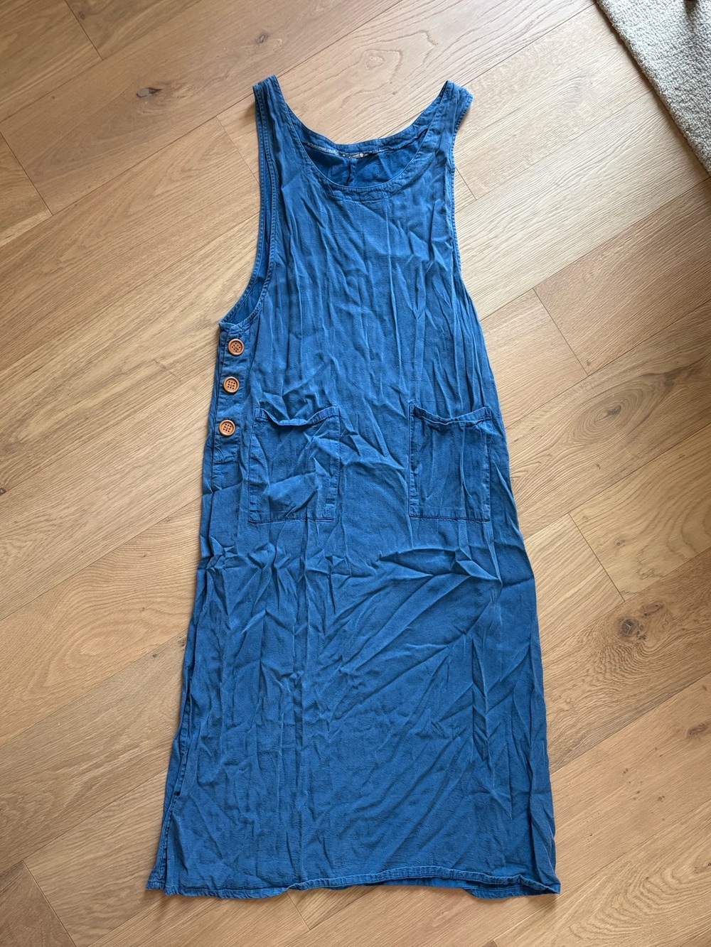 Sleeveless Blue Button-Side Midi Chore-Dress